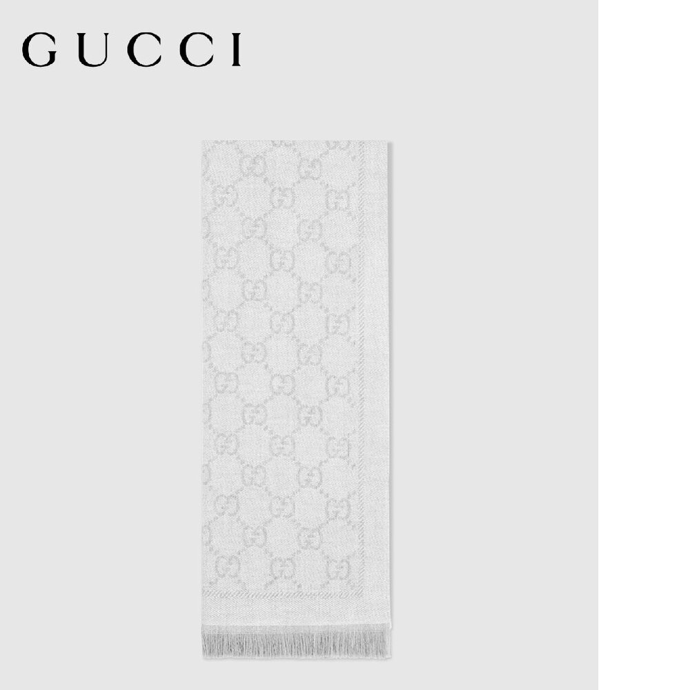 Authentic Gucci Logo silver light grey 100% wool scarf, 19"W x 70"L, NWOT
